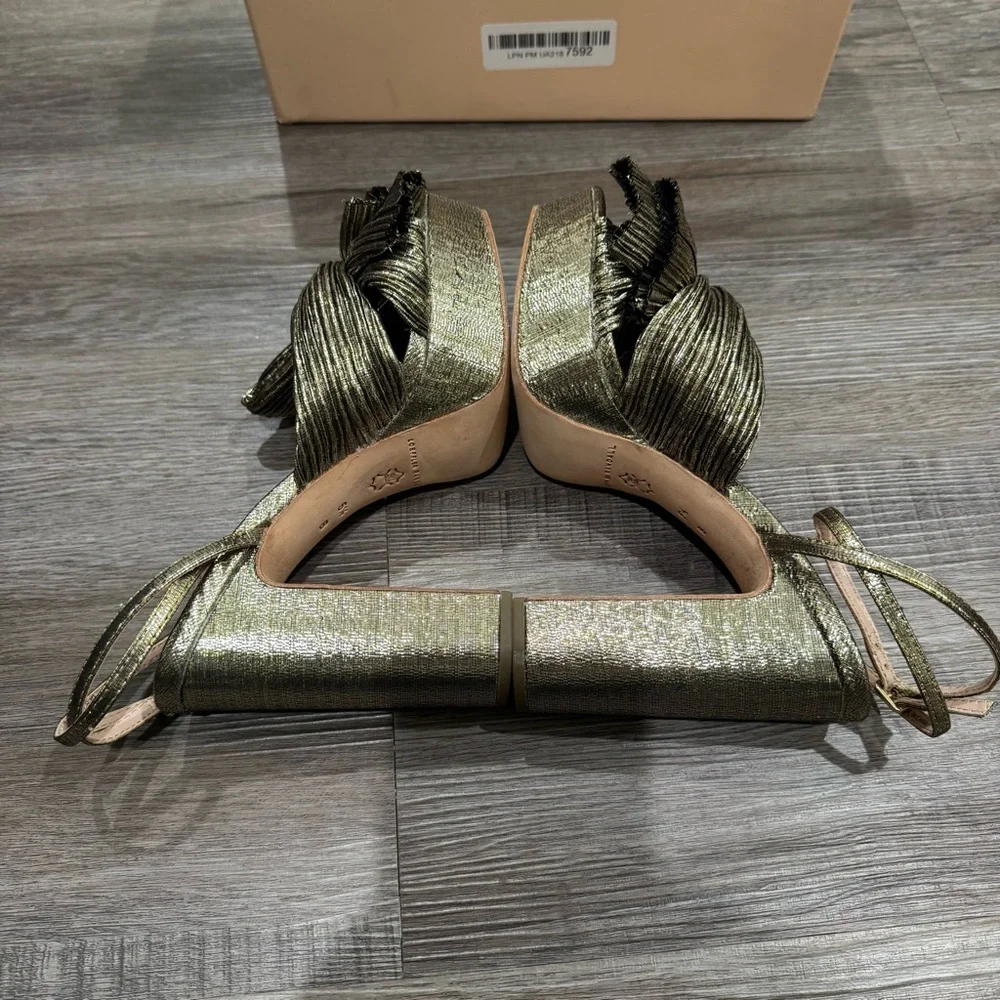 Loeffler Randall Natalia Fabric Pleated Bow Gold Platform Sandal Heels